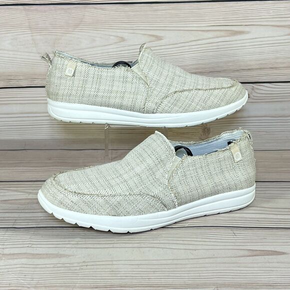 Minnetonka Expanse Womens 8.5 Slip-On Sneaker Tan Frayed Fabric Moccasin Shoes - Picture 15 of 15